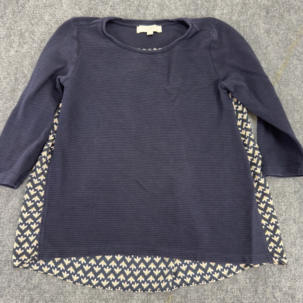 LOFT Mixed Media Ribbed Knit Floral Back Blouse Navy Blue Size S